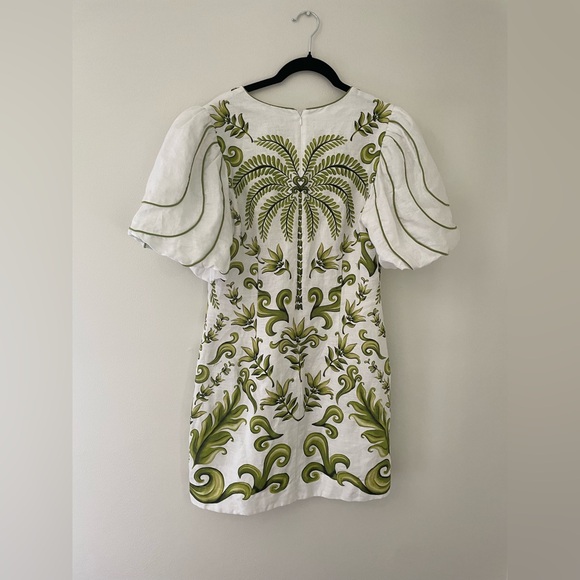 Farm Rio Off White 100% Linen Milani Puff Sleeve V Neck Mini Dress Palm Tree Sm - Picture 5 of 8